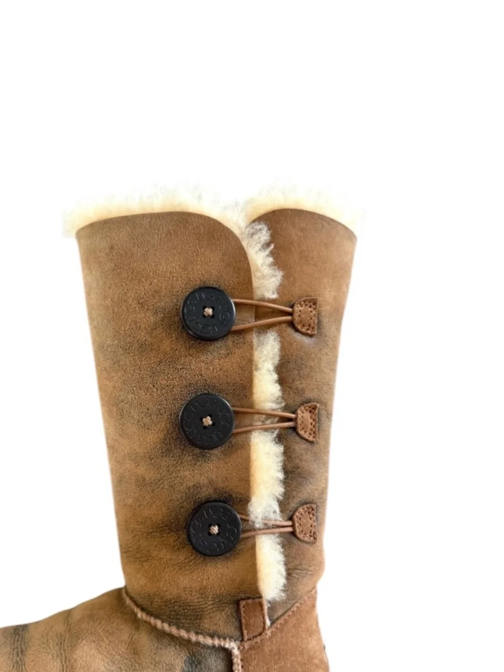UGG Bailey Button Triplet Tall Sheepskin Boots Brown Cream Women’s 6